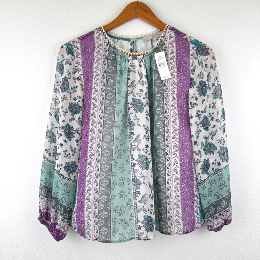 LOFT Blouse Women S Purple Green NWT Floral Chiffon Boho Chic Long Sleeve Top